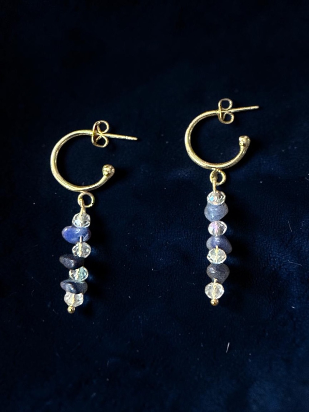 Gold-Finish Hoop Earrings with Blue and Iridescent Stone Drops